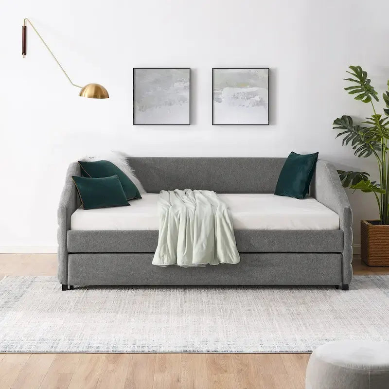 Divano letto imbottito trapuntato beige/grigio con 2 cassetti, una piazza/una piazza e mezza, per 1 persona