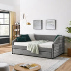 Divano letto imbottito trapuntato beige/grigio con 2 cassetti, una piazza/una piazza e mezza, per 1 persona