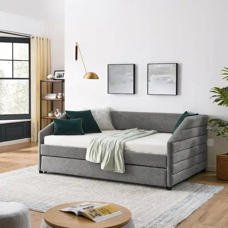 Divano letto imbottito trapuntato beige/grigio con 2 cassetti, una piazza/una piazza e mezza, per 1 persona