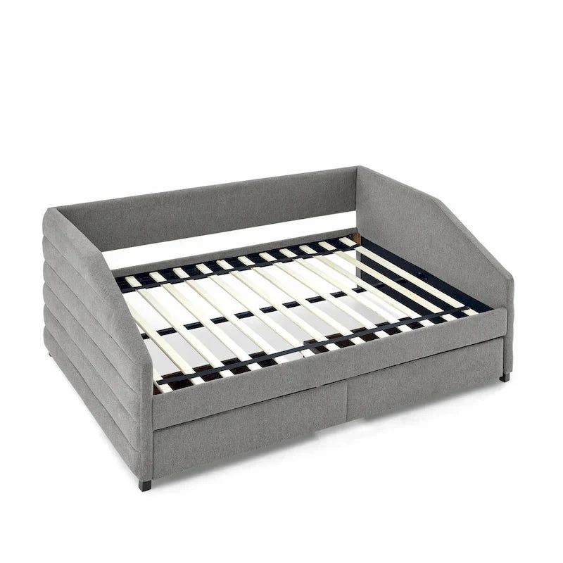Divano letto imbottito trapuntato beige/grigio con 2 cassetti, una piazza/una piazza e mezza, per 1 persona