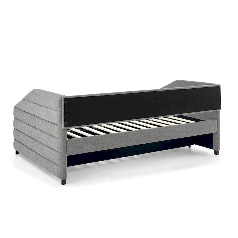 Divano letto imbottito trapuntato beige/grigio con 2 cassetti, una piazza/una piazza e mezza, per 1 persona