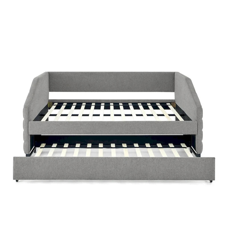 Divano letto imbottito trapuntato beige/grigio con 2 cassetti, una piazza/una piazza e mezza, per 1 persona