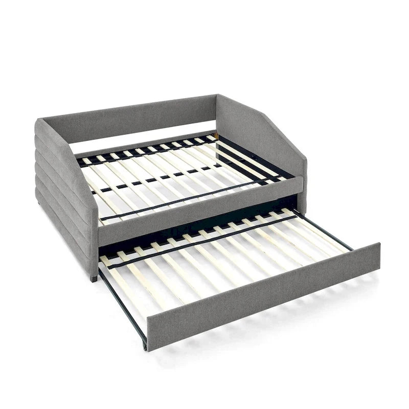 Divano letto imbottito trapuntato beige/grigio con 2 cassetti, una piazza/una piazza e mezza, per 1 persona