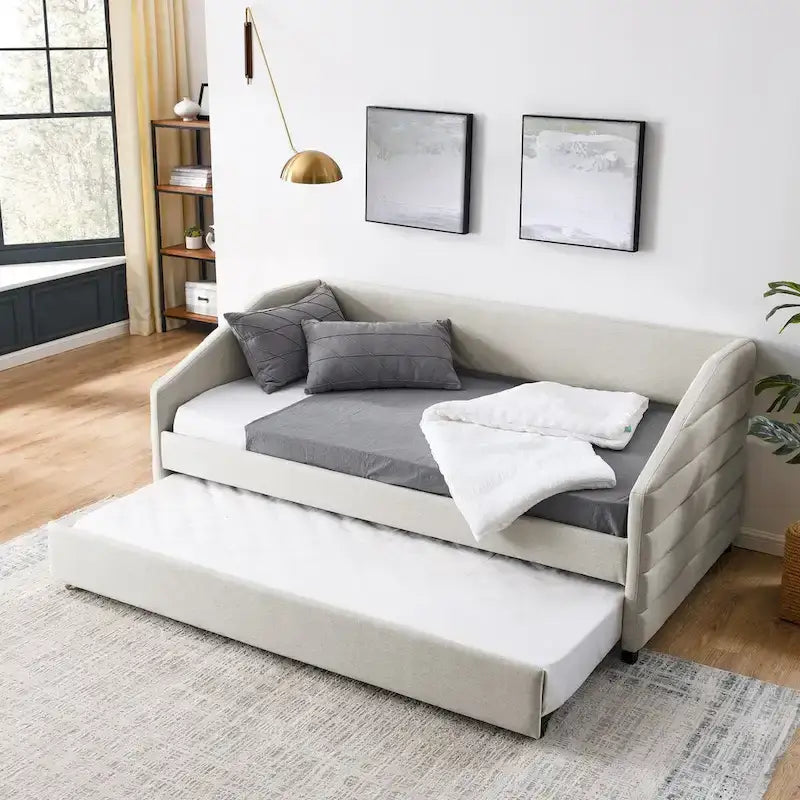 Divano letto imbottito trapuntato beige/grigio con 2 cassetti, una piazza/una piazza e mezza, per 1 persona