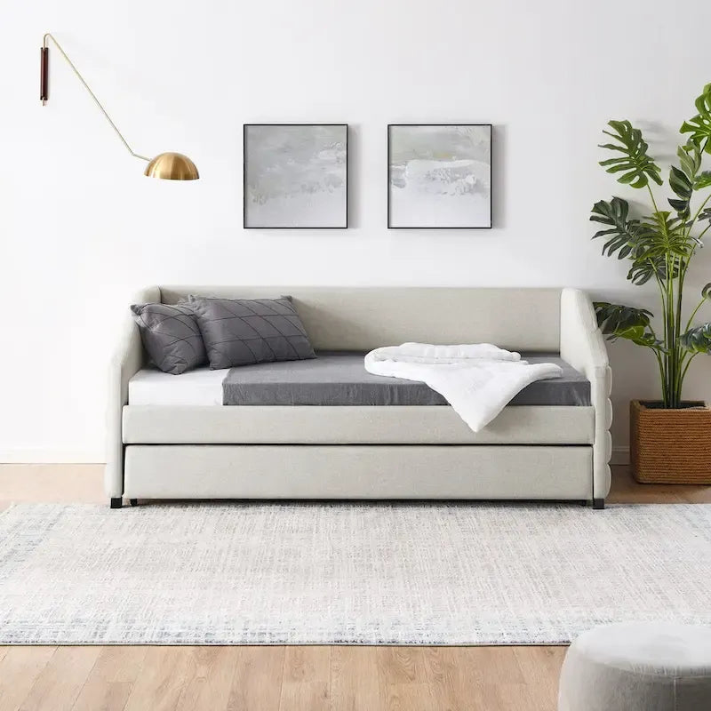 Divano letto imbottito trapuntato beige/grigio con 2 cassetti, una piazza/una piazza e mezza, per 1 persona