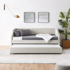 Divano letto imbottito trapuntato beige/grigio con 2 cassetti, una piazza/una piazza e mezza, per 1 persona