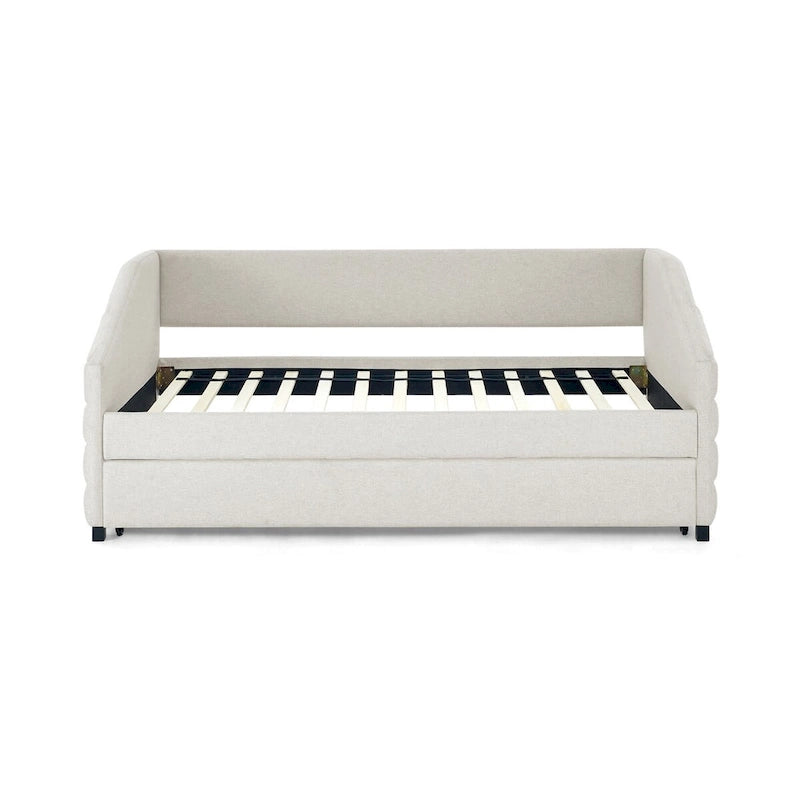 Divano letto imbottito trapuntato beige/grigio con 2 cassetti, una piazza/una piazza e mezza, per 1 persona