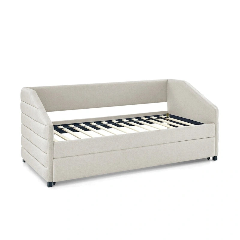 Divano letto imbottito trapuntato beige/grigio con 2 cassetti, una piazza/una piazza e mezza, per 1 persona