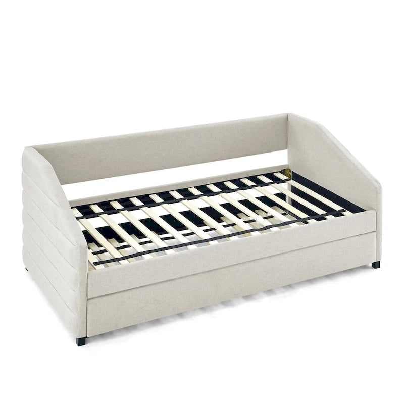 Divano letto imbottito trapuntato beige/grigio con 2 cassetti, una piazza/una piazza e mezza, per 1 persona