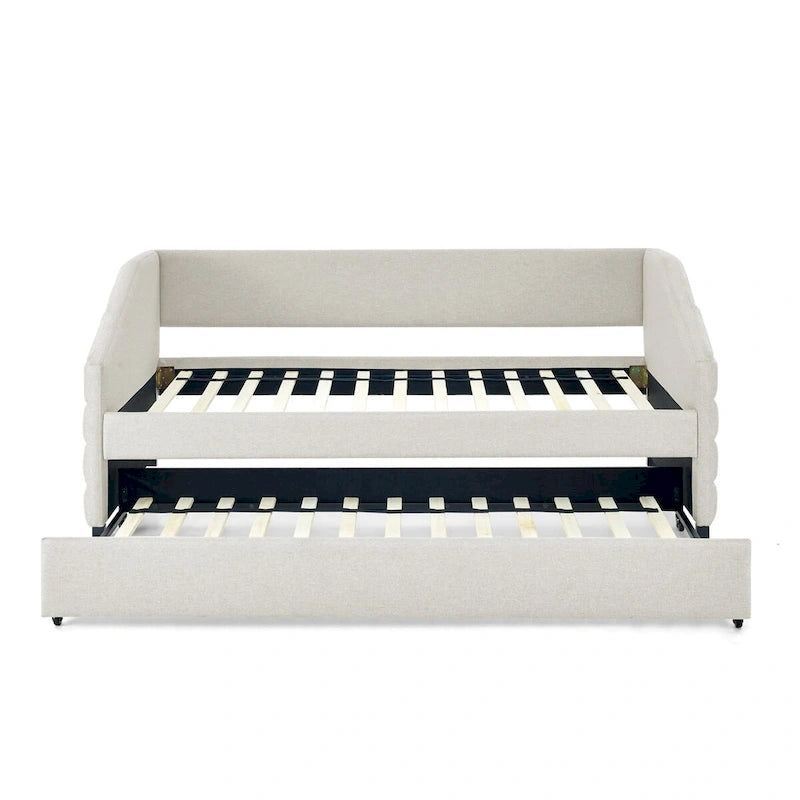 Divano letto imbottito trapuntato beige/grigio con 2 cassetti, una piazza/una piazza e mezza, per 1 persona