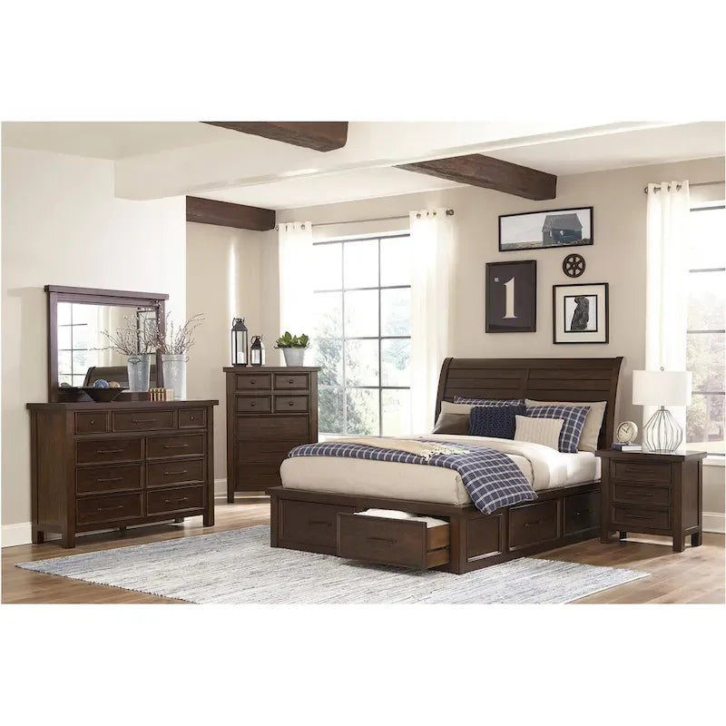 Set letto a piattaforma marrone Sleigh con cassetti portaoggetti, 5 pezzi, Queen/King