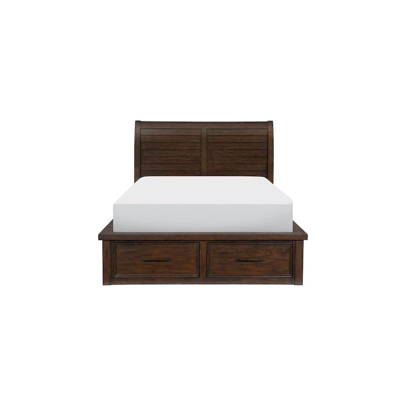 Set letto a piattaforma marrone Sleigh con cassetti portaoggetti, 5 pezzi, Queen/King