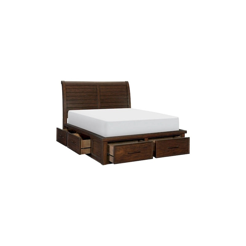 Set letto a piattaforma marrone Sleigh con cassetti portaoggetti, 5 pezzi, Queen/King
