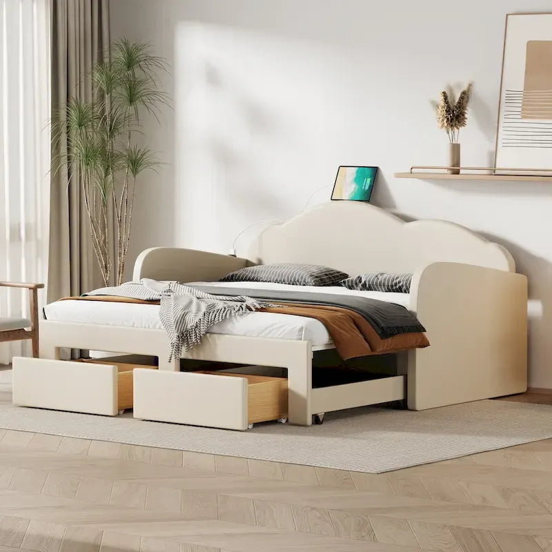 Letto a giorno in velluto beige/rosa/grigio con letto estraibile e 2 cassetti, una piazza, due posti letto