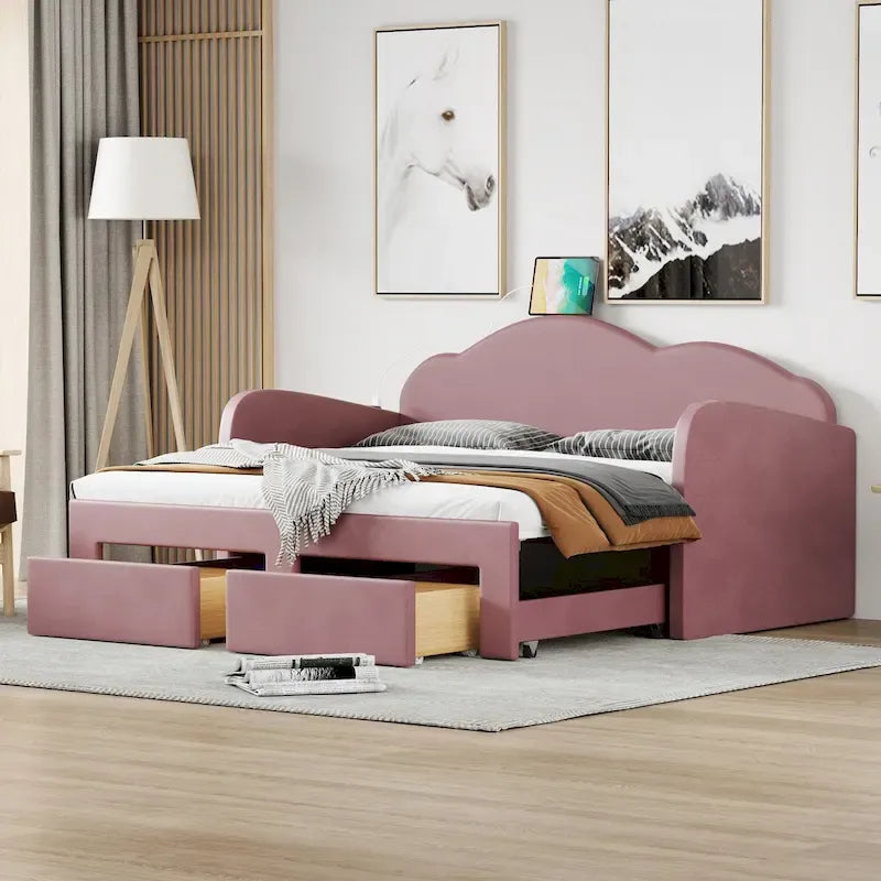 Letto a giorno in velluto beige/rosa/grigio con letto estraibile e 2 cassetti, una piazza, due posti letto