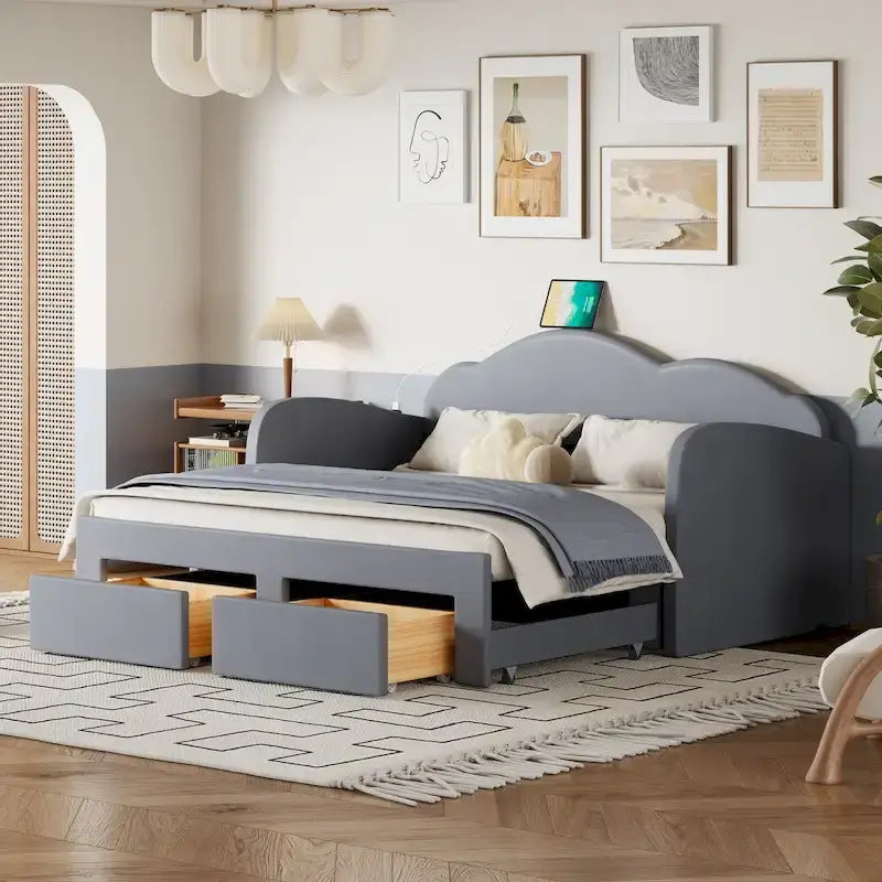 Letto a giorno in velluto beige/rosa/grigio con letto estraibile e 2 cassetti, una piazza, due posti letto