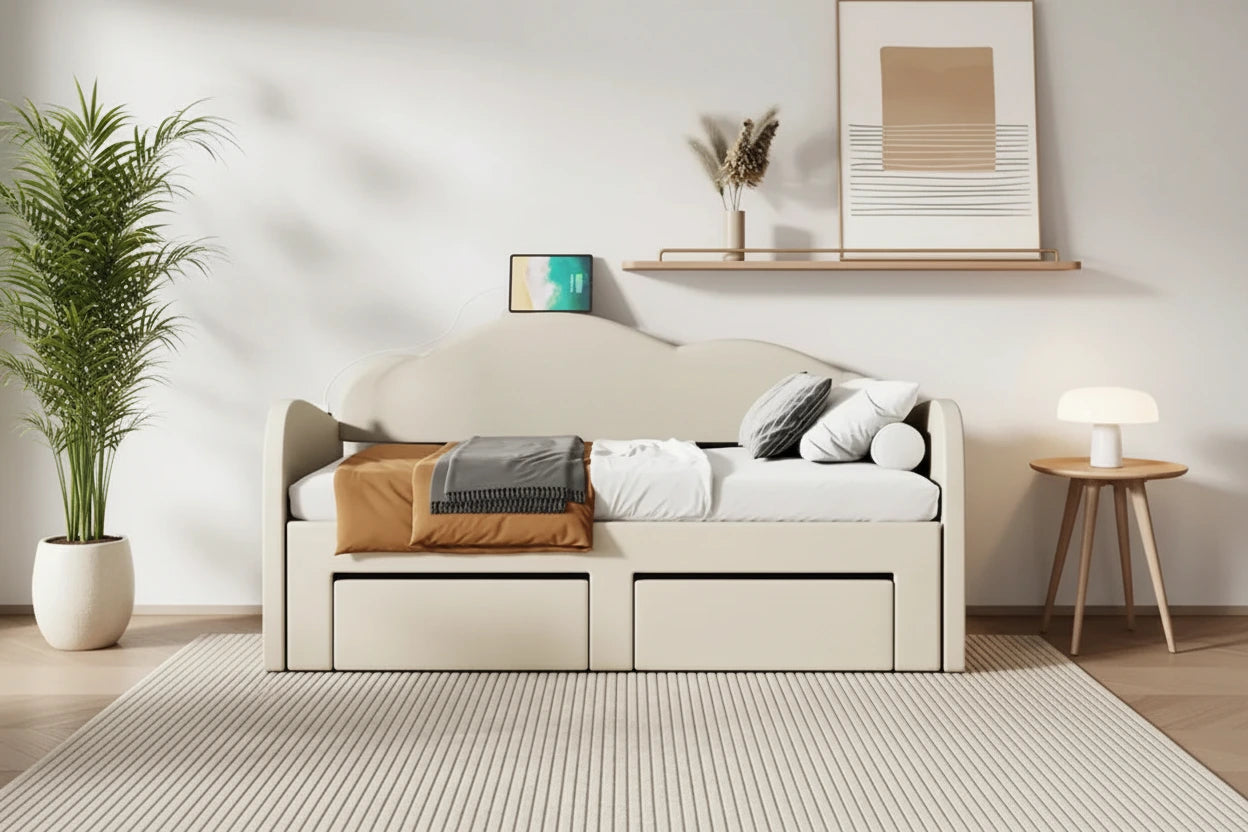 Twin Size Upholstered daybed with Trundle & 2 Drawers