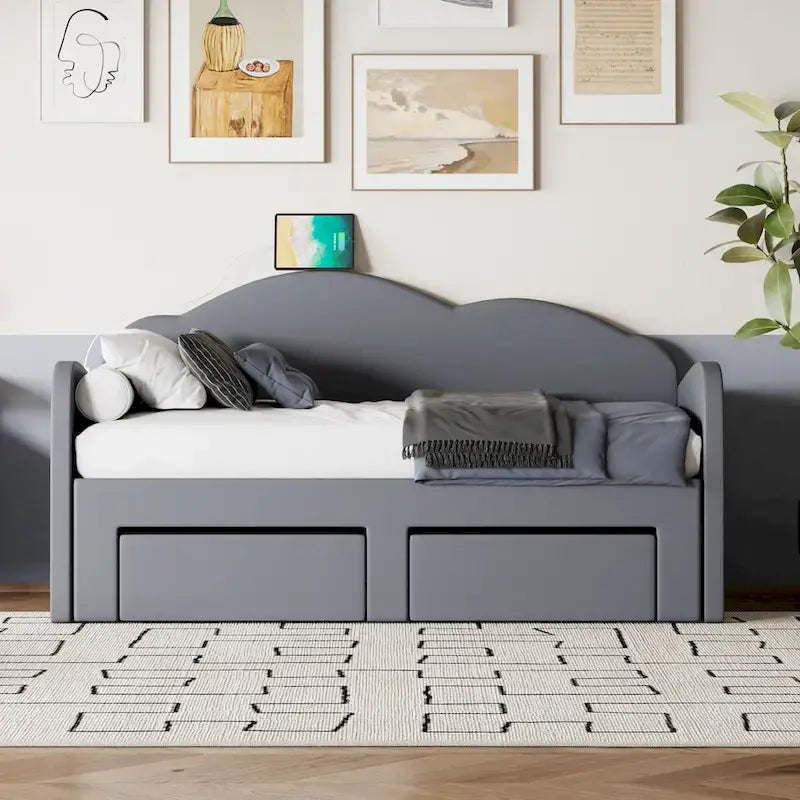 Letto a giorno in velluto beige/rosa/grigio con letto estraibile e 2 cassetti, una piazza, due posti letto