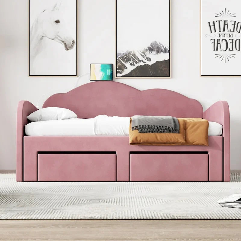 Letto a giorno in velluto beige/rosa/grigio con letto estraibile e 2 cassetti, una piazza, due posti letto