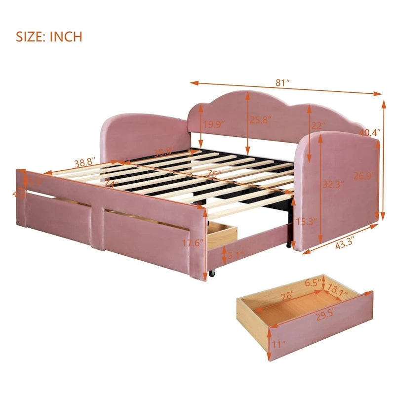 Letto a giorno in velluto beige/rosa/grigio con letto estraibile e 2 cassetti, una piazza, due posti letto