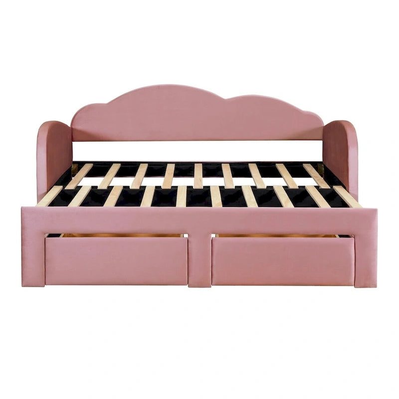 Letto a giorno in velluto beige/rosa/grigio con letto estraibile e 2 cassetti, una piazza, due posti letto