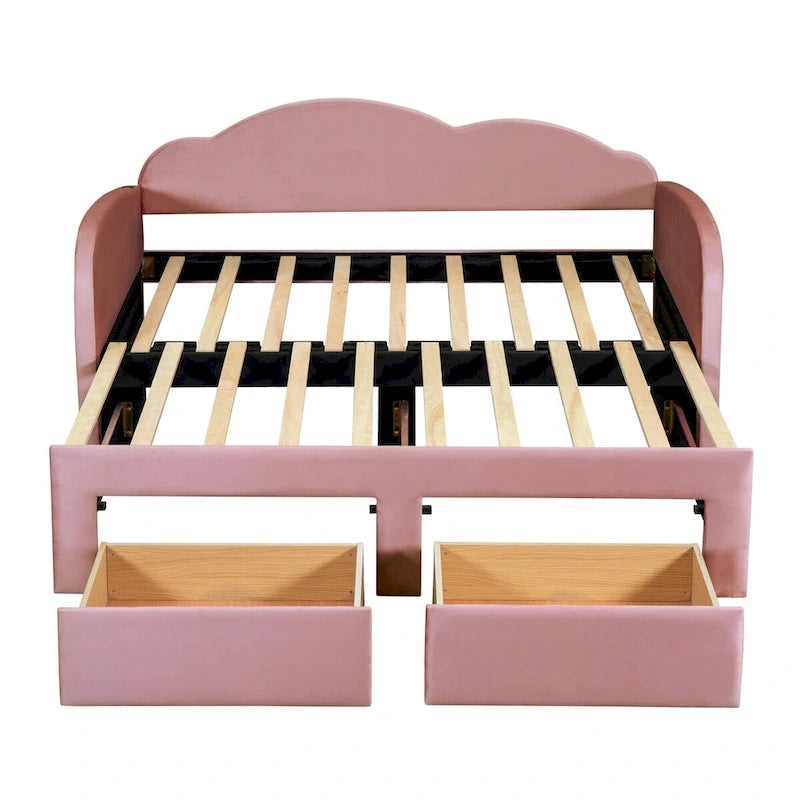 Letto a giorno in velluto beige/rosa/grigio con letto estraibile e 2 cassetti, una piazza, due posti letto