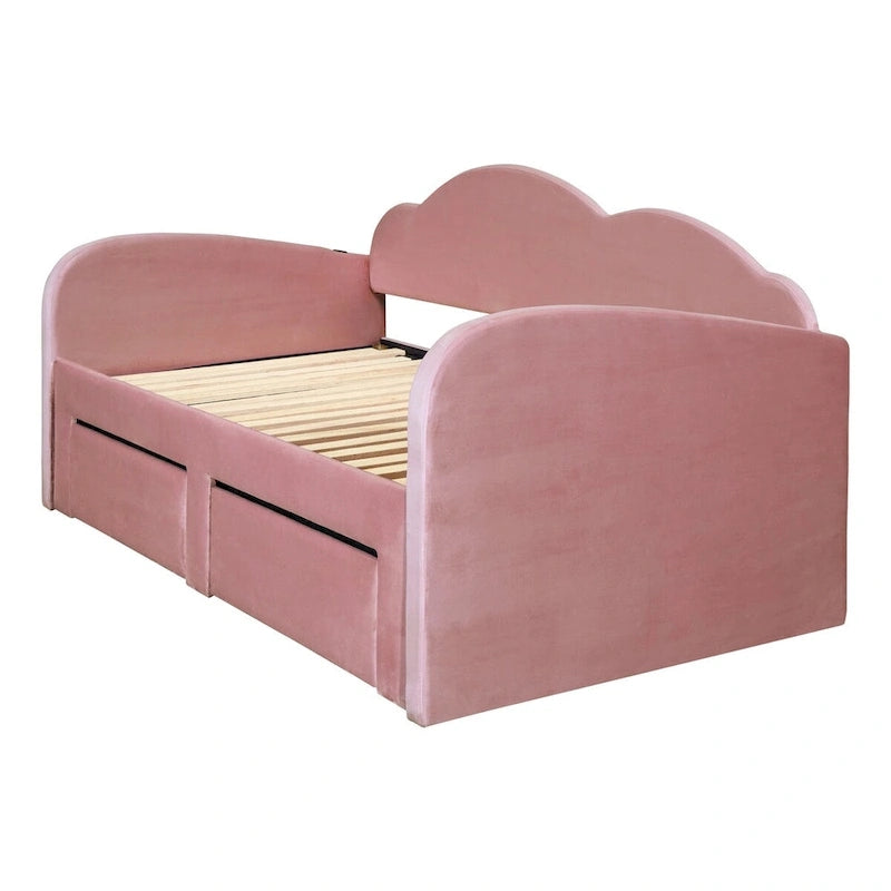 Letto a giorno in velluto beige/rosa/grigio con letto estraibile e 2 cassetti, una piazza, due posti letto