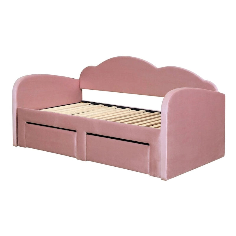 Letto a giorno in velluto beige/rosa/grigio con letto estraibile e 2 cassetti, una piazza, due posti letto