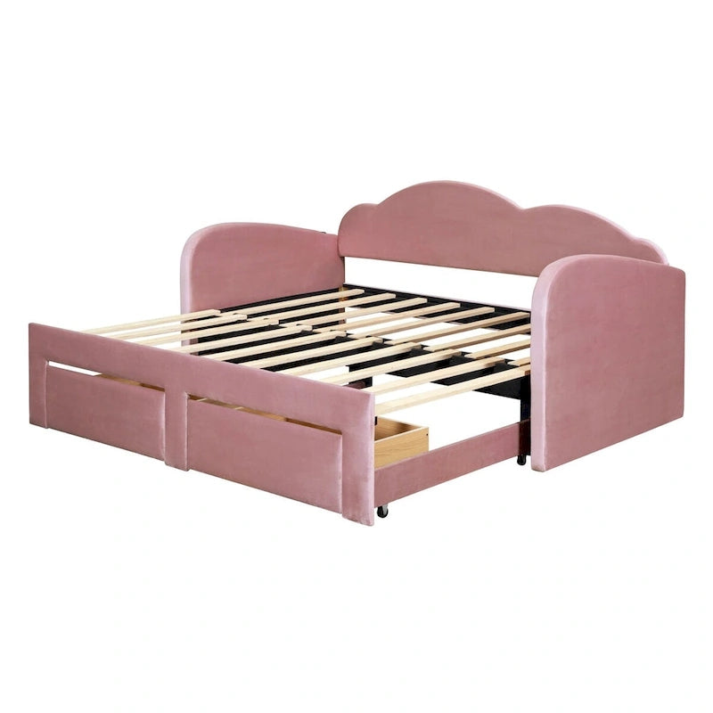 Letto a giorno in velluto beige/rosa/grigio con letto estraibile e 2 cassetti, una piazza, due posti letto