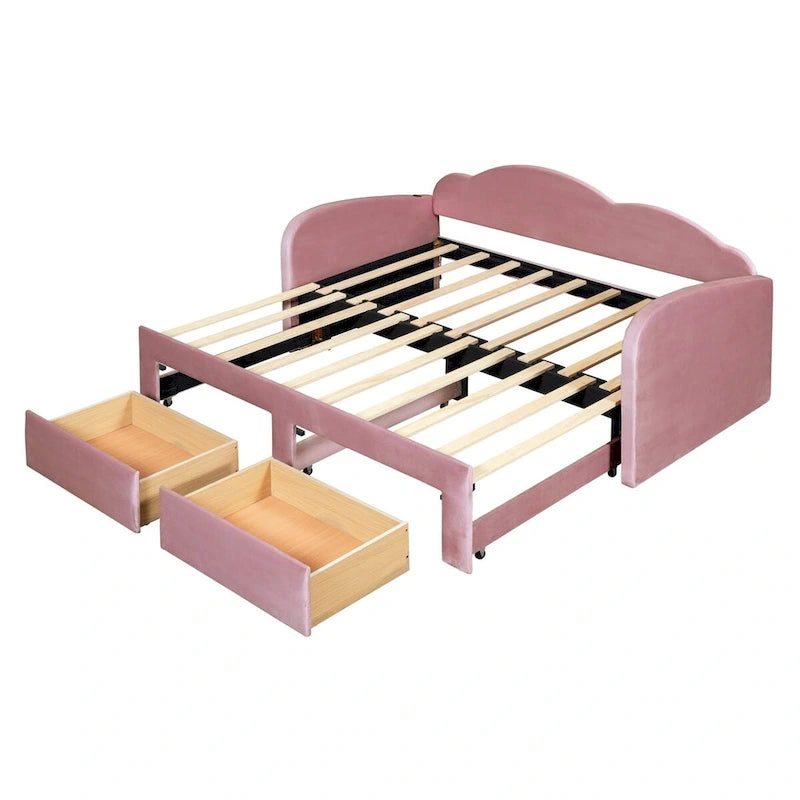 Letto a giorno in velluto beige/rosa/grigio con letto estraibile e 2 cassetti, una piazza, due posti letto