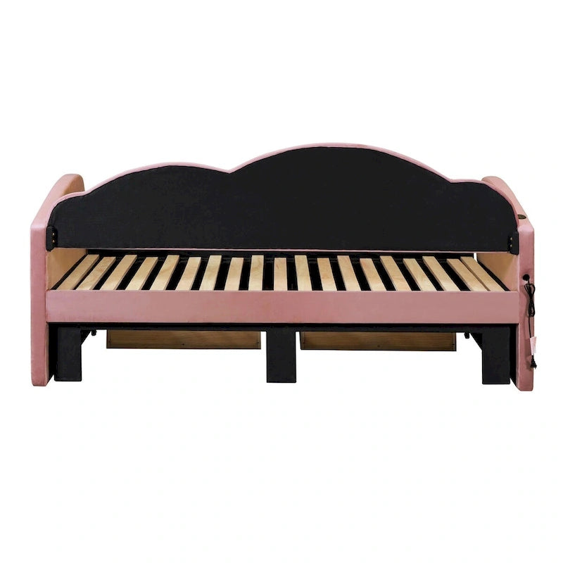Letto a giorno in velluto beige/rosa/grigio con letto estraibile e 2 cassetti, una piazza, due posti letto
