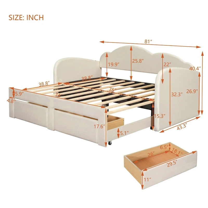 Letto a giorno in velluto beige/rosa/grigio con letto estraibile e 2 cassetti, una piazza, due posti letto