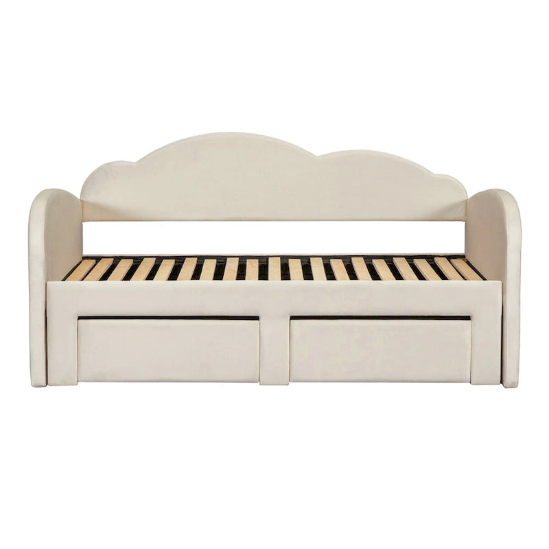 Letto a giorno in velluto beige/rosa/grigio con letto estraibile e 2 cassetti, una piazza, due posti letto