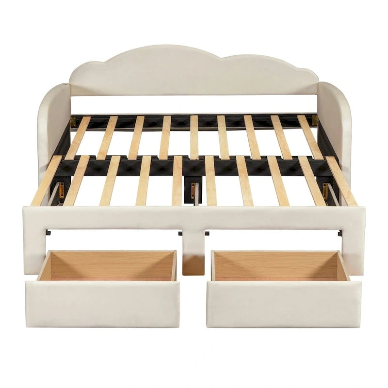 Letto a giorno in velluto beige/rosa/grigio con letto estraibile e 2 cassetti, una piazza, due posti letto