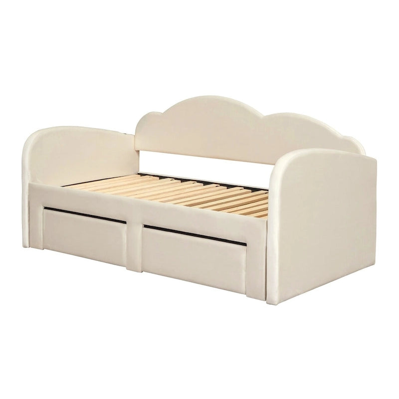 Letto a giorno in velluto beige/rosa/grigio con letto estraibile e 2 cassetti, una piazza, due posti letto