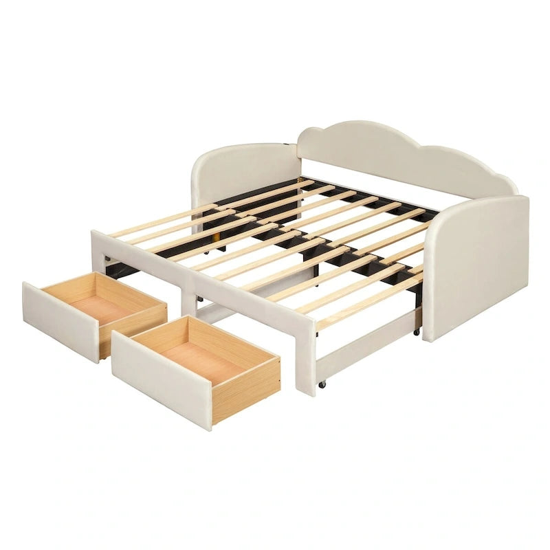 Letto a giorno in velluto beige/rosa/grigio con letto estraibile e 2 cassetti, una piazza, due posti letto