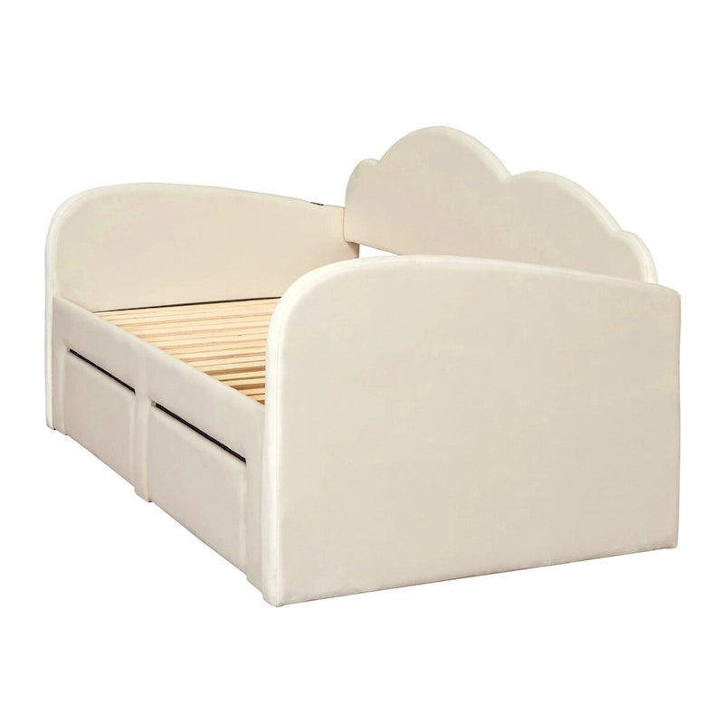 Letto a giorno in velluto beige/rosa/grigio con letto estraibile e 2 cassetti, una piazza, due posti letto