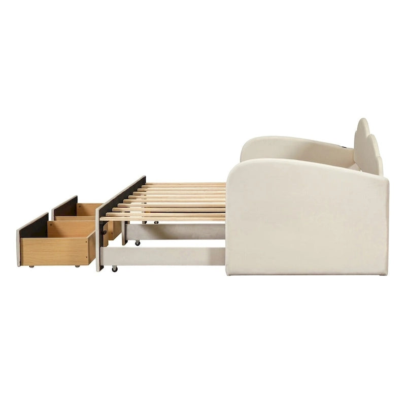 Letto a giorno in velluto beige/rosa/grigio con letto estraibile e 2 cassetti, una piazza, due posti letto