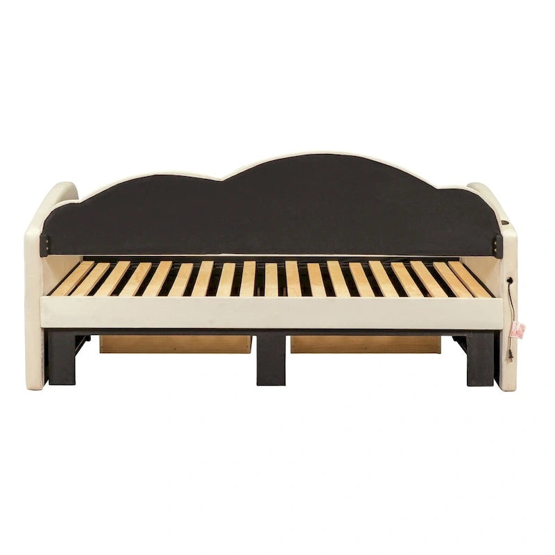 Letto a giorno in velluto beige/rosa/grigio con letto estraibile e 2 cassetti, una piazza, due posti letto