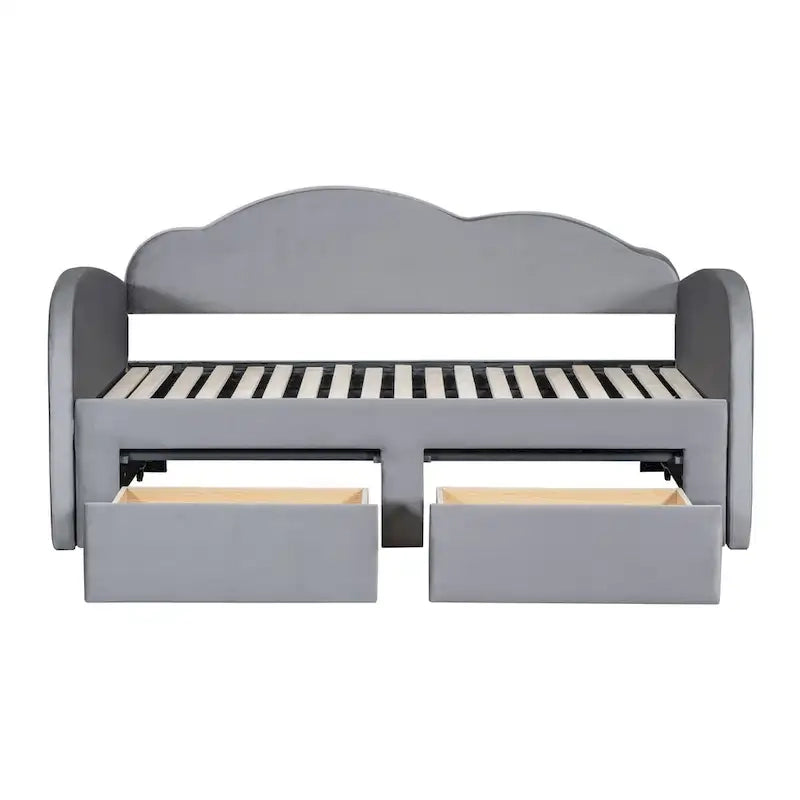 Letto a giorno in velluto beige/rosa/grigio con letto estraibile e 2 cassetti, una piazza, due posti letto