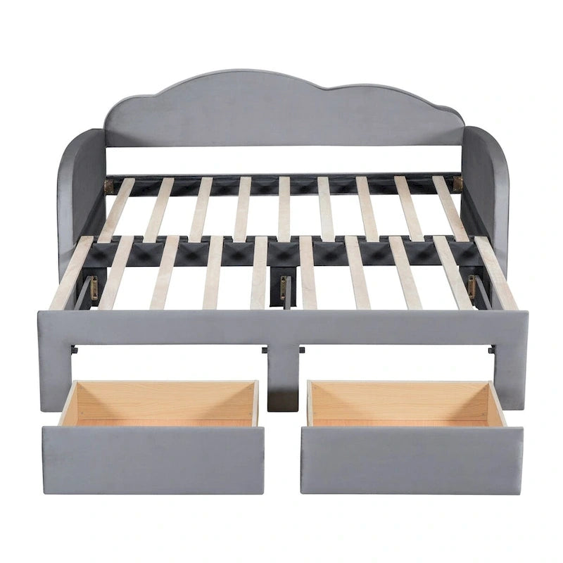 Letto a giorno in velluto beige/rosa/grigio con letto estraibile e 2 cassetti, una piazza, due posti letto