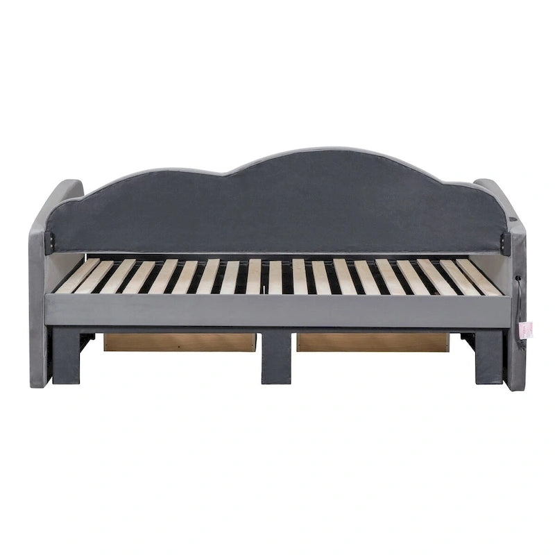 Letto a giorno in velluto beige/rosa/grigio con letto estraibile e 2 cassetti, una piazza, due posti letto