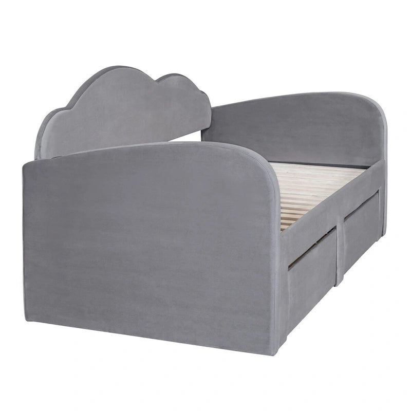 Letto a giorno in velluto beige/rosa/grigio con letto estraibile e 2 cassetti, una piazza, due posti letto