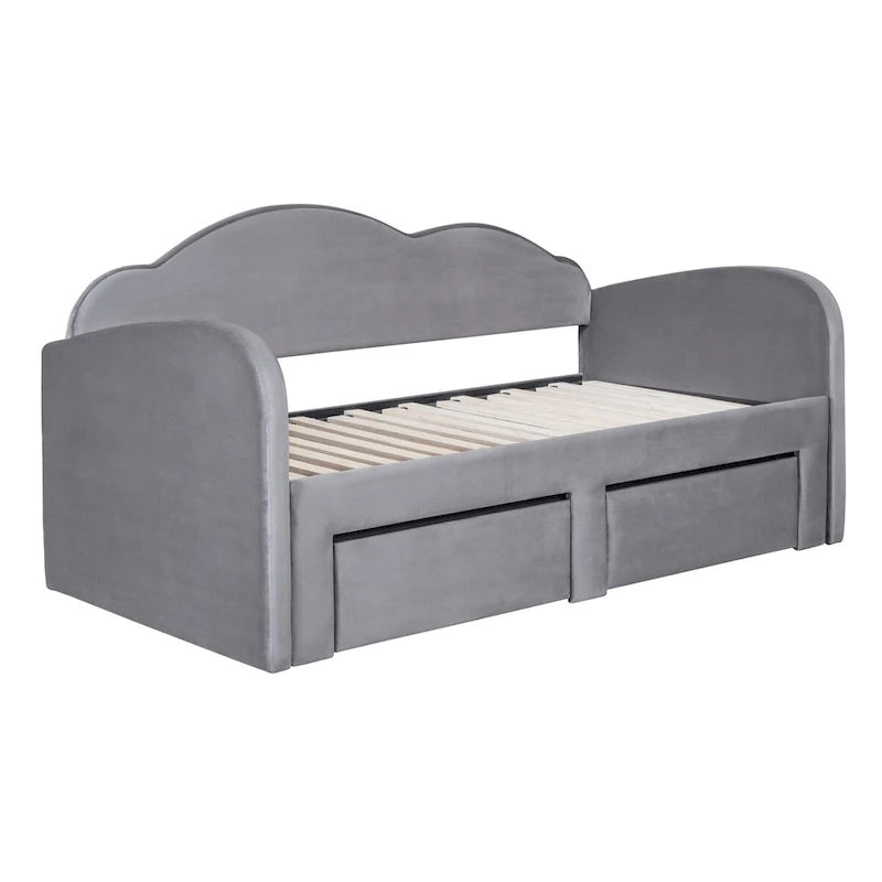 Letto a giorno in velluto beige/rosa/grigio con letto estraibile e 2 cassetti, una piazza, due posti letto