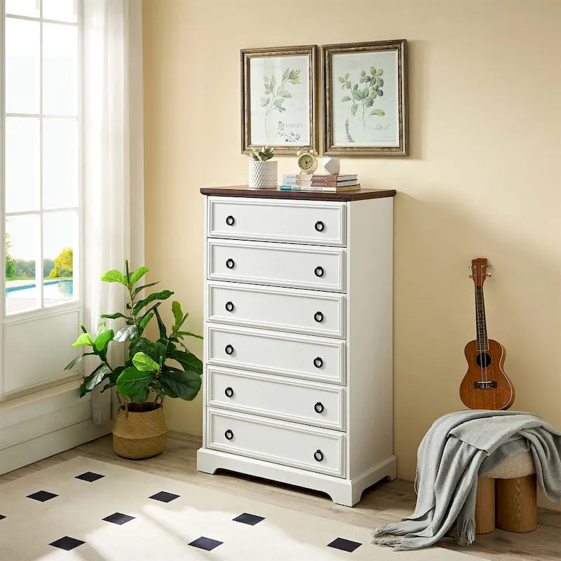 Comò a 6 cassetti bianco/naturale, armadio per camera da letto singola