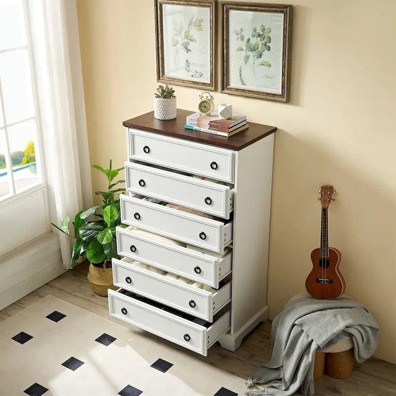 Comò a 6 cassetti bianco/naturale, armadio per camera da letto singola