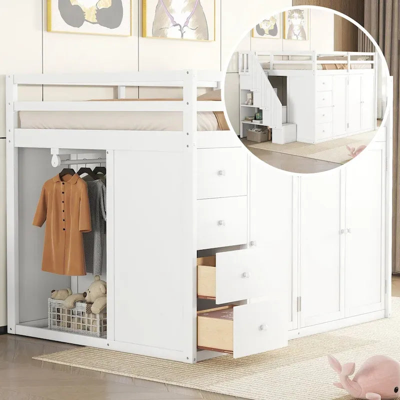Letto a soppalco full size bianco/grigio con scala contenitore, armadio e cassetti, per 1 persona