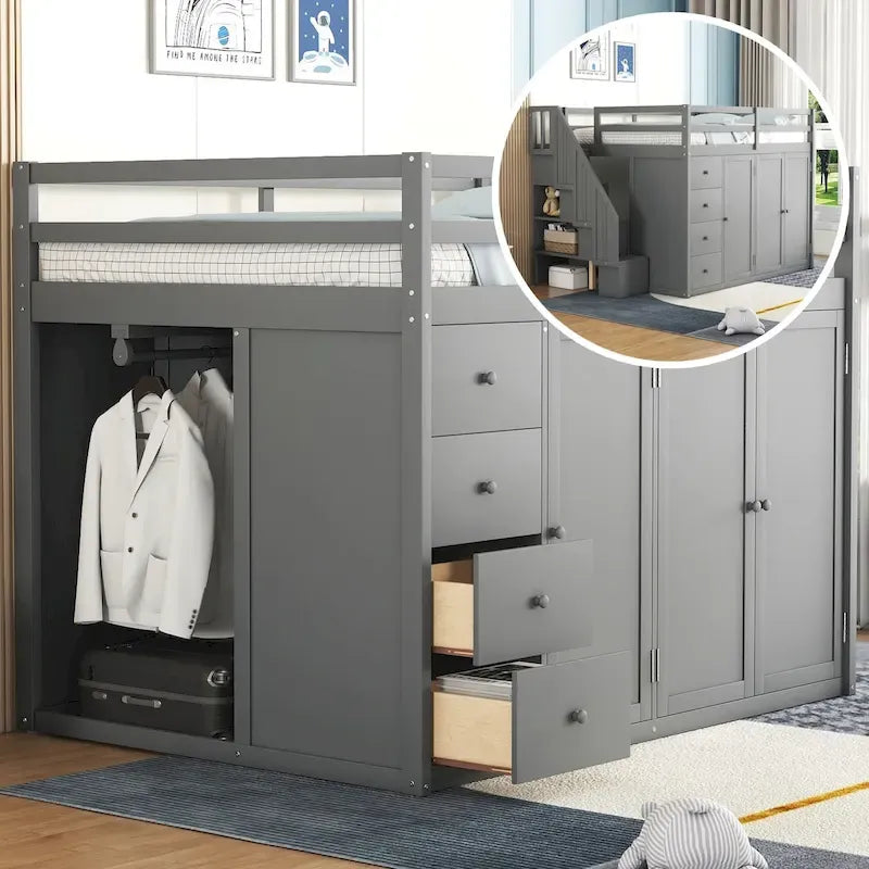 Letto a soppalco full size bianco/grigio con scala contenitore, armadio e cassetti, per 1 persona