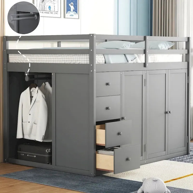 Letto a soppalco full size bianco/grigio con scala contenitore, armadio e cassetti, per 1 persona