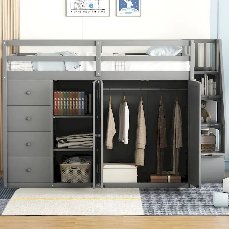 Letto a soppalco full size bianco/grigio con scala contenitore, armadio e cassetti, per 1 persona
